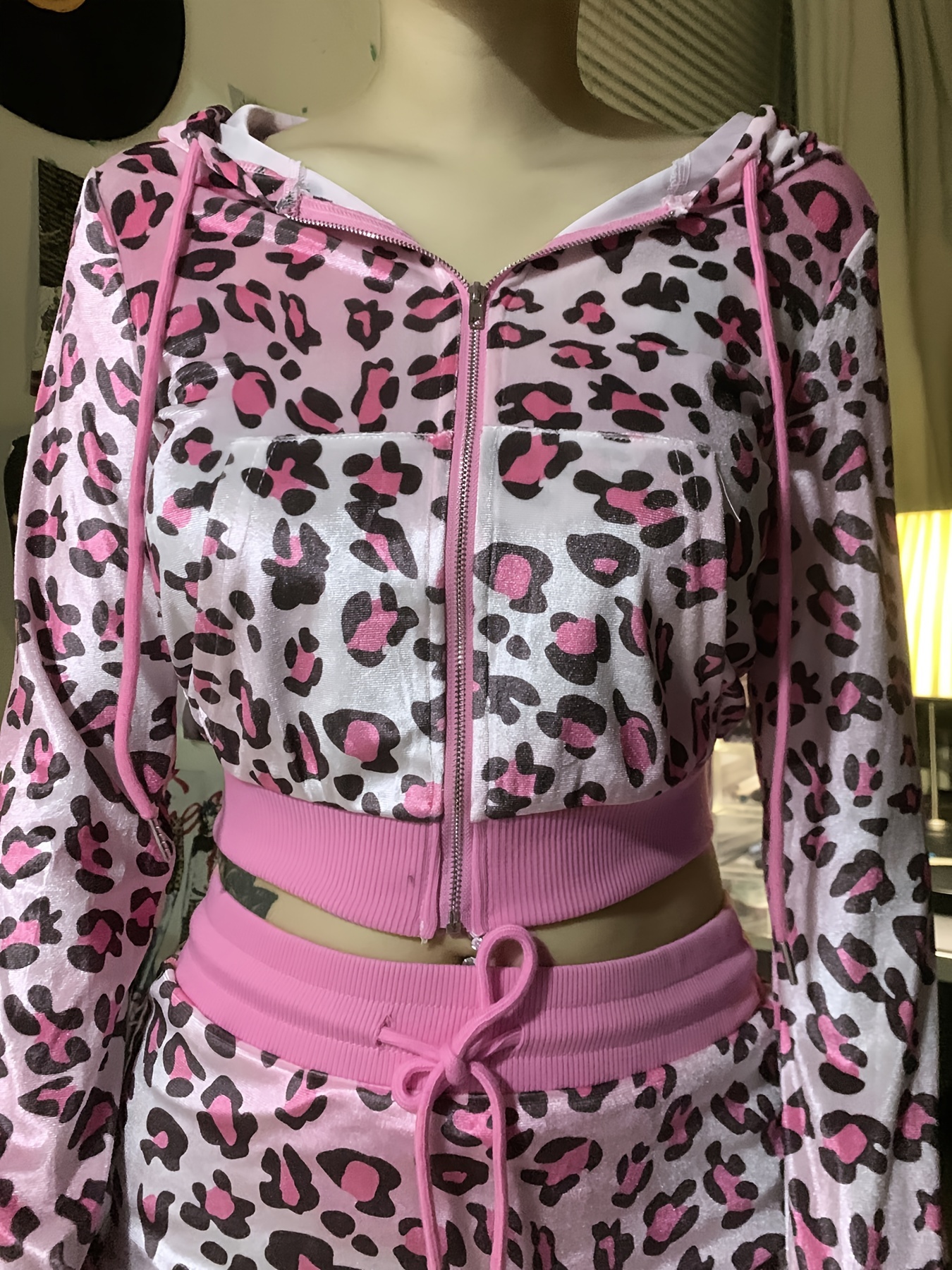 y2k style leopard print velvet crop hooded jacket women long