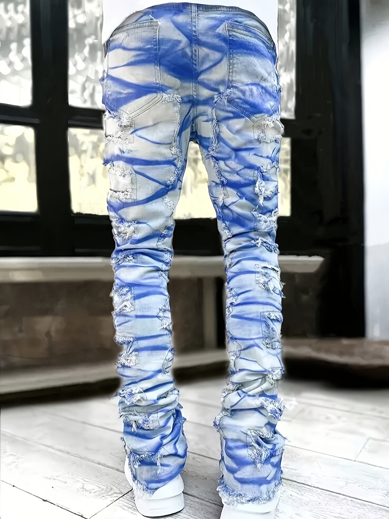 mens streetwear fringe painted denim jeans fit straight Temu