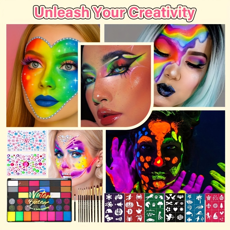 42 color water based face painting palette with 10 brushes 6 stencils 2 diamond stickers face and body paint set for parties holidays halloween makeup art neon glitter non toxic