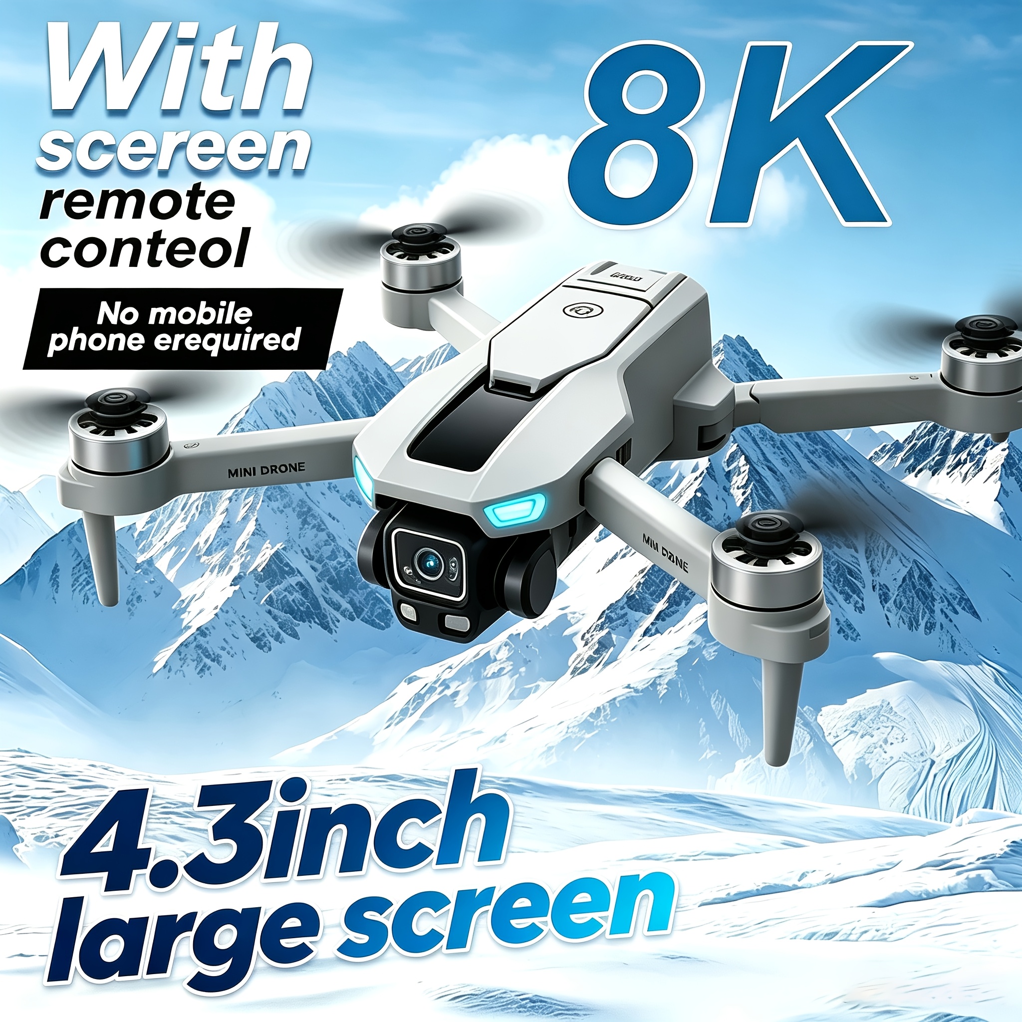 TEMU Drone GT Amélioré 2026, Nouveau Modèle, Télécommande avec Écran Ultra HD 4,3 pouces, Double Caméra HD 8K avec Évitement d'Obstacles, Moteur