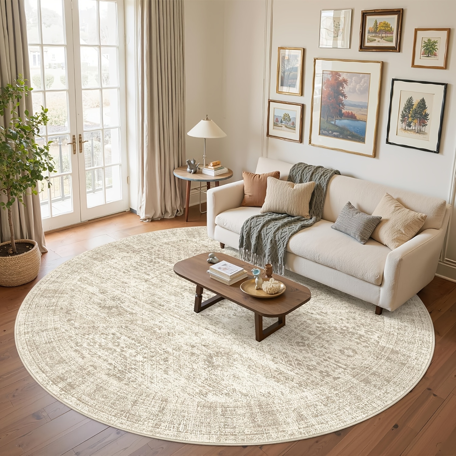 TEMU 1pc Of Elegant Round Velvet Rug, 850g/mÂ² Velvet With Anti-slip Dotted Plastic Backing. Features 2d Flat-printed Design, Soft Low-pile Texture,