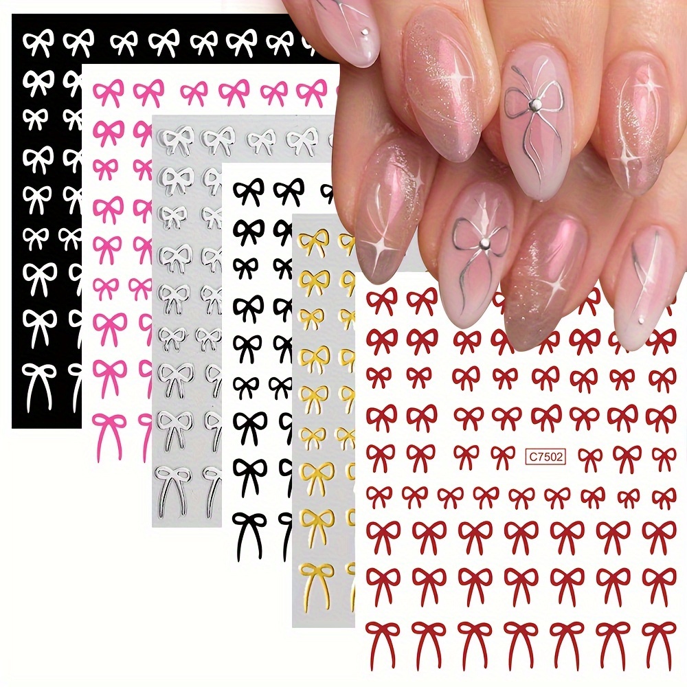 

6-pack Cartoon Bow Nail Stickers Decals, High-gloss Plastic Self-adhesive Nail Art Stickers, Glitter Embellishments Single Use, Variety Pack For Diy Home Manicure & Salon Accessories