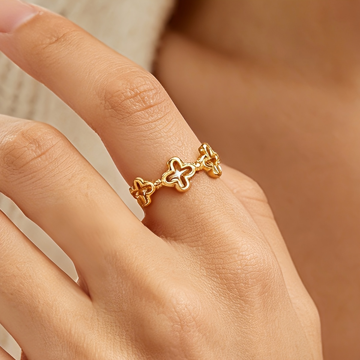 Women's Golden Stainless Steel Clover Splicing Open Ring