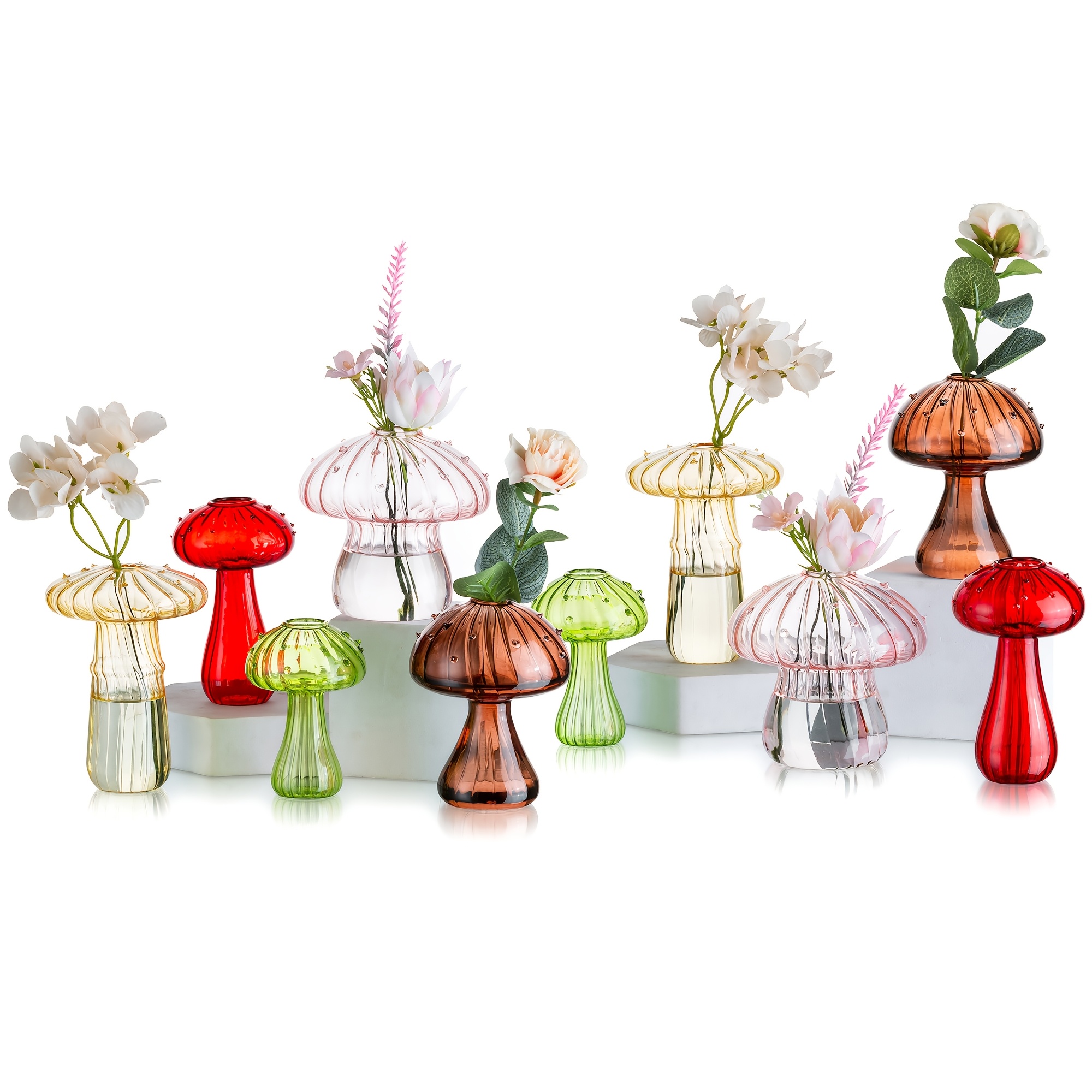 TEMU 10pcs Glass Mushroom Vase For Flowers, Colored Small Bud Flower Vases Unique, Mushroom Propagation Hydroponic Vases, Funky Cottagecore Decor For