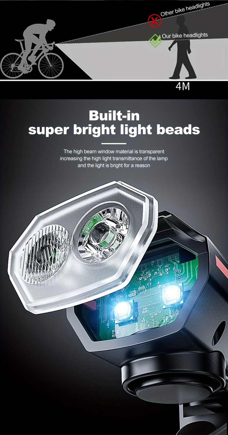 1 stuk/2 stuks Fietsverlichtingsset, met 120 dB Hoorn, 3+4 Verlichtingsmodi, IPX4 Waterdicht, USB Oplaadbaar, Geschikt voor Mountainbikes, Racefietsen Nachtelijk Rijden, Nachtverlichting en Waarschuwing