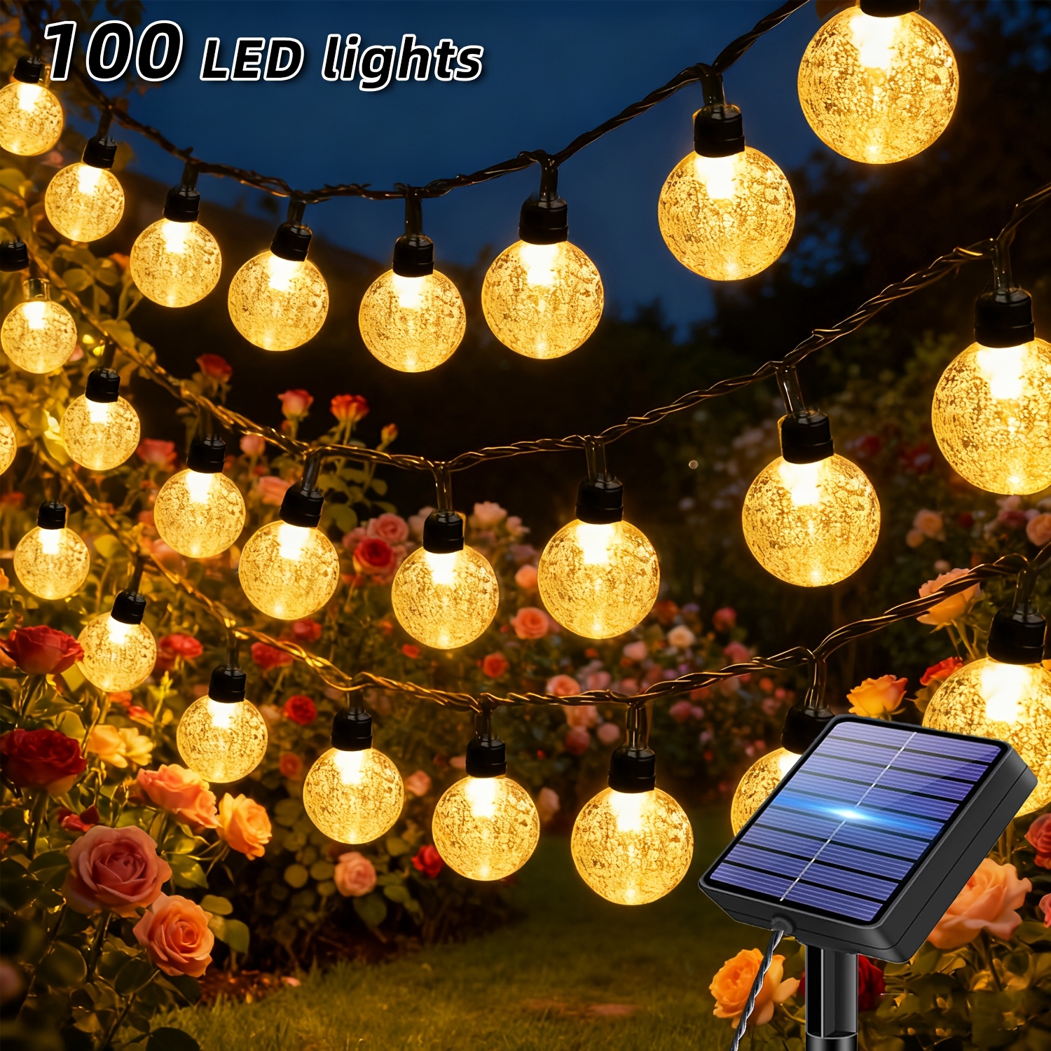 TEMU Tira de luces solares de , guirnalda de luces esféricas para decoración de jardines exteriores, 13 de intermitencia, decoración para exteriores,