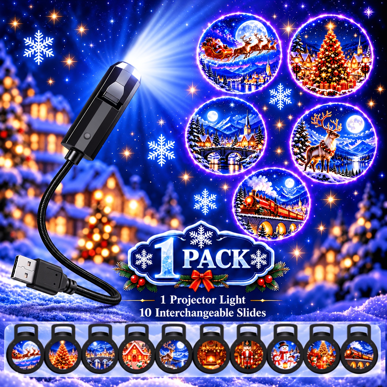 TEMU Lampe de Noël Projecteur avec 10 Diapositives Interchangeables, Alimentation USB Flexible Col de Cygne Projection de Noël, Lampe de Nuit de Fête