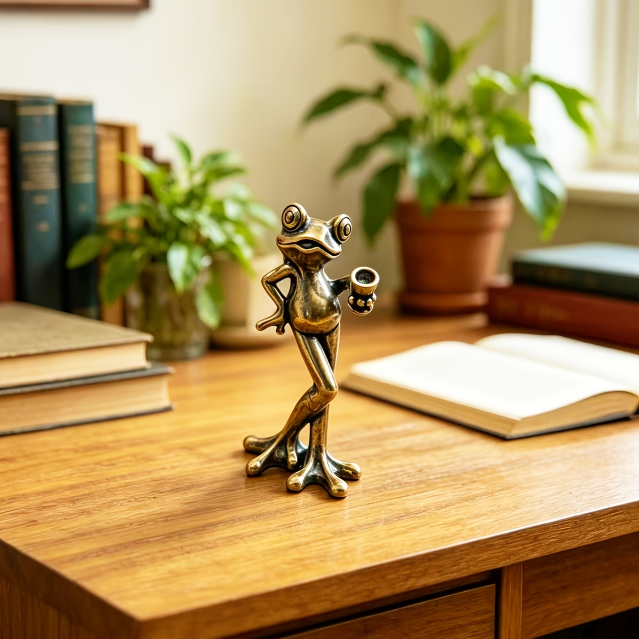 TEMU A Collectible 100% Solid Brass Vintage Distressed Small Statue Ornament, Frog Statue With Hips Holding A Cup, Creative Personalized Cute And