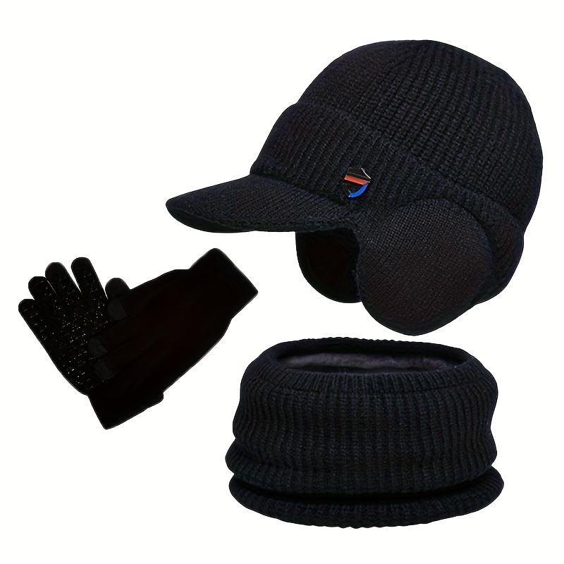 Outdoor 3pcs Warm Set, Thick Ted Hat + Neck Warmer + Gloves, Men's Anti-slip Thickened Winter Ear Flap Headwear, Christmas Gift, 's Anti-slip Warm Ted Hat Scarf And Gloves 3pcs Set