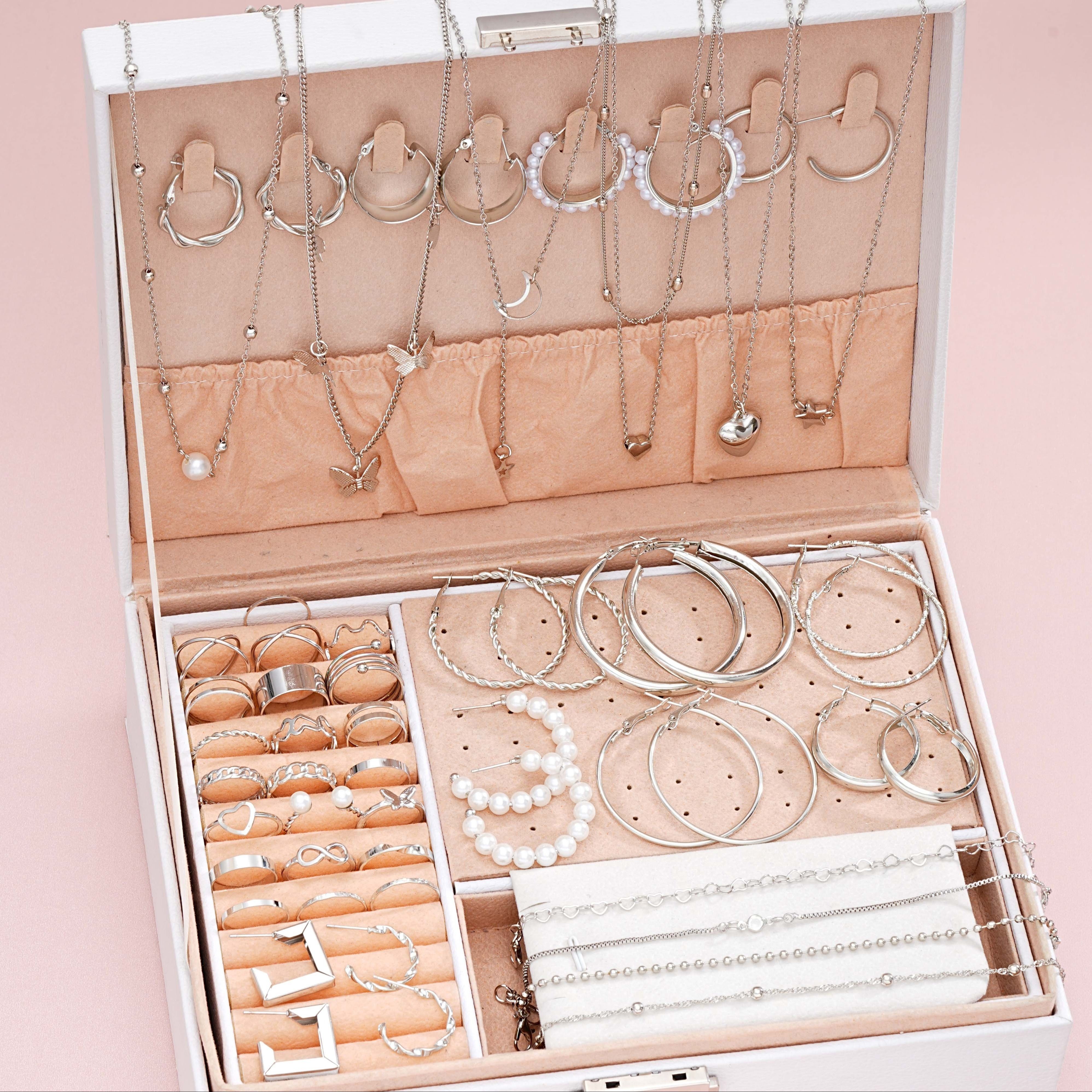 

57pcs Silvery Fashion Jewelry Set, Vintage & , Zinc Alloy With Pearls, Heart Necklaces, Earrings, Rings, Bracelets Combo, For Daily & Party Wear, Valentine's Day Gift, Accessory ()