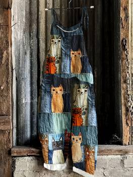 fashion print bow loose comfortable casual overalls cartoon kitten 0444