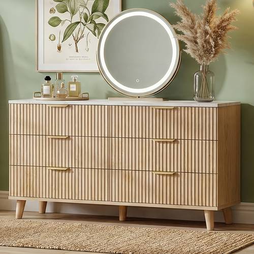 6 7 9 drawers wood dresser for bedroom 47 51 57 century modern fluted storage cabinet with marble white top curved chest organizer for living room hallway entryway tv stand natural oak