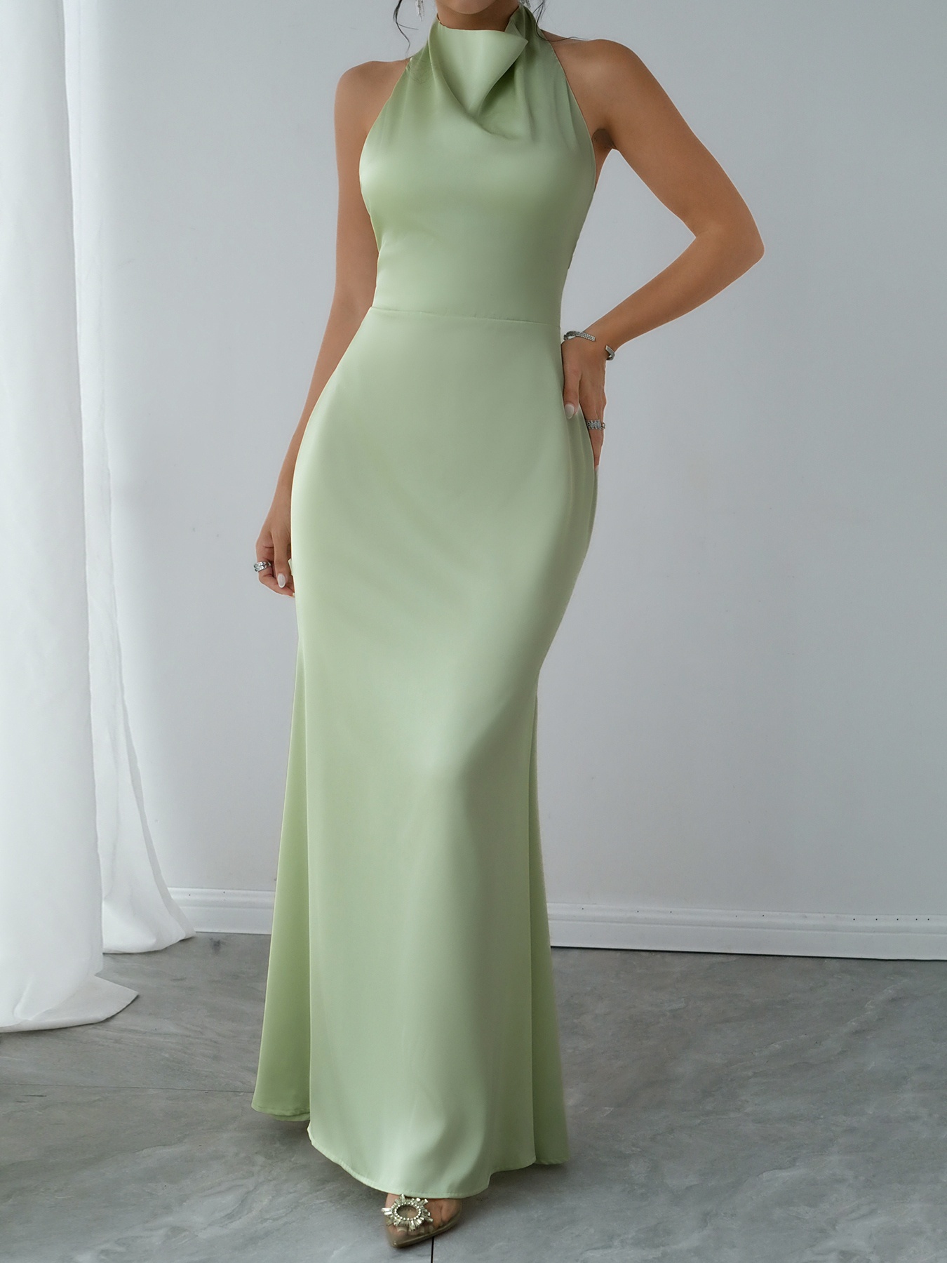 slim fit dress slacks Miss Circle Women Magda Mint Green Deep V Neck Halter A-Line Midi Dress