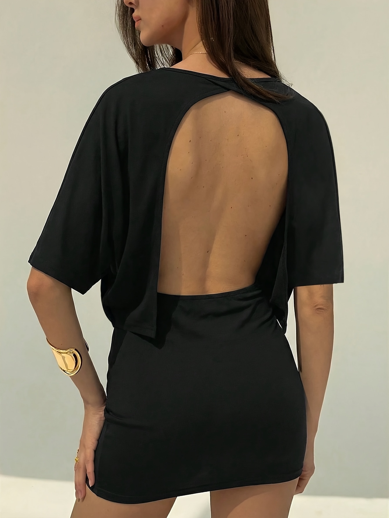 backless t shirt dress ladies fashion solid color casual fit hip wrap dress