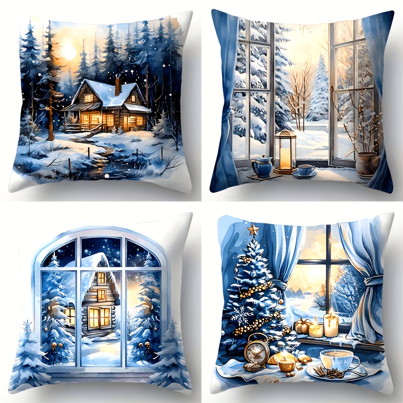 

4pcs Christmas , Christmas , Pattern, Washable, 18x18 - Suitable For Car Bedroom Sofa -