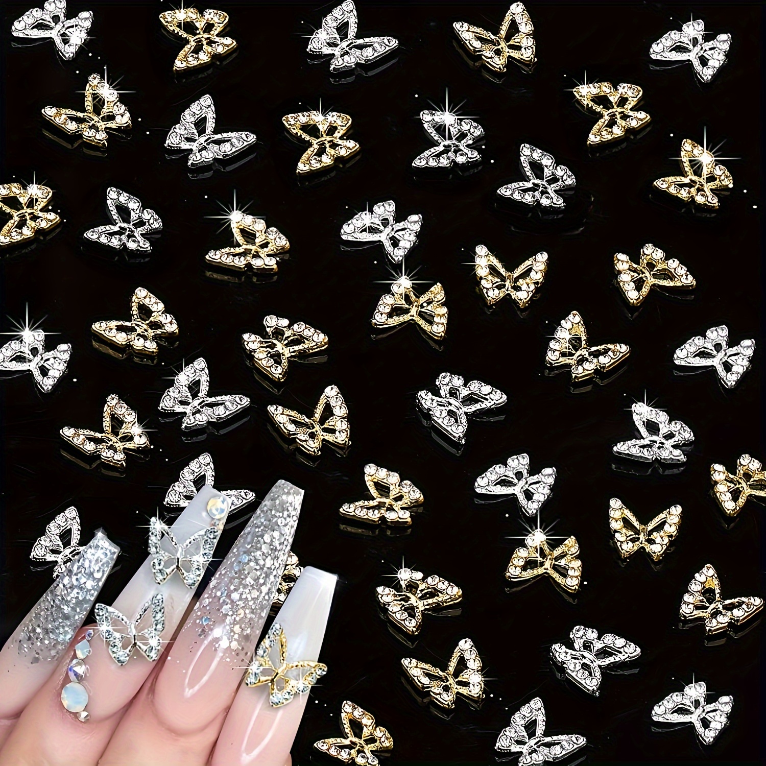 

40-piece Set Of Sparkling 3d Butterfly Nail Charms With Metallic Rhinestones - Scent-free Nail Art Decorations