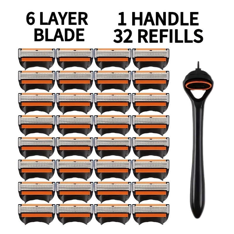 Image of 1 Handle And 32 , Men's High-quality Manual Shaver, 6-layer Stainless Steel , Smooth And Residue-free Shaving For Safety, Manual Shaving Tool
