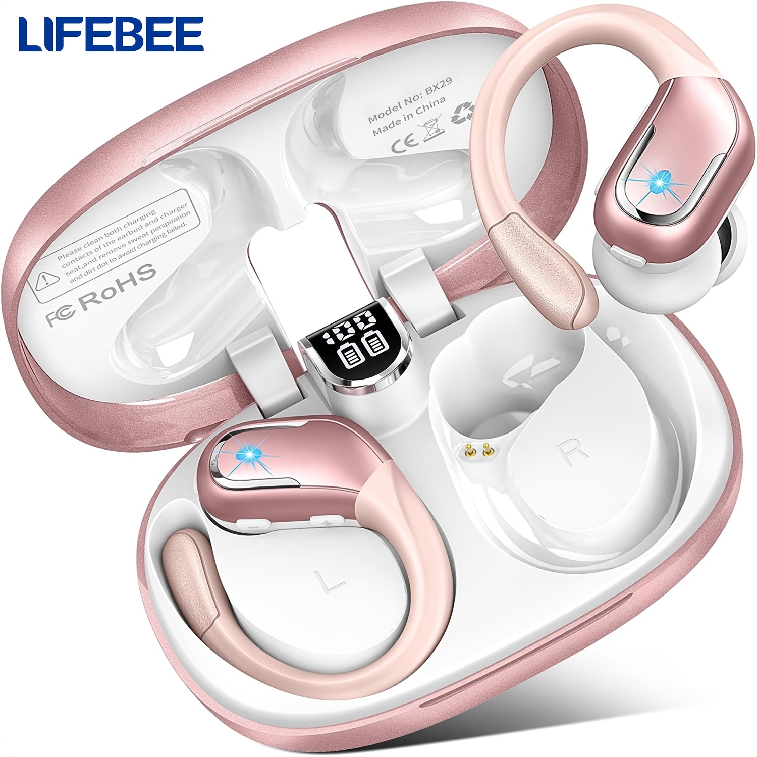 TEMU Lifebee Wireless Earbuds | 90h Wireless 5.3 Headphones With Enc Noise Cancelling Mic, 3d Deep Over Ear, Sports Earbuds With Earhooks For Ios/, Semi-open-, , Rechargeable Lithium Polymer Battery