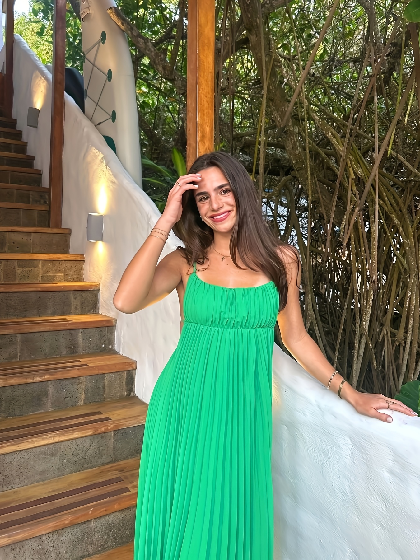 elegant green spaghetti strap pleated maxi dress flowy Temu