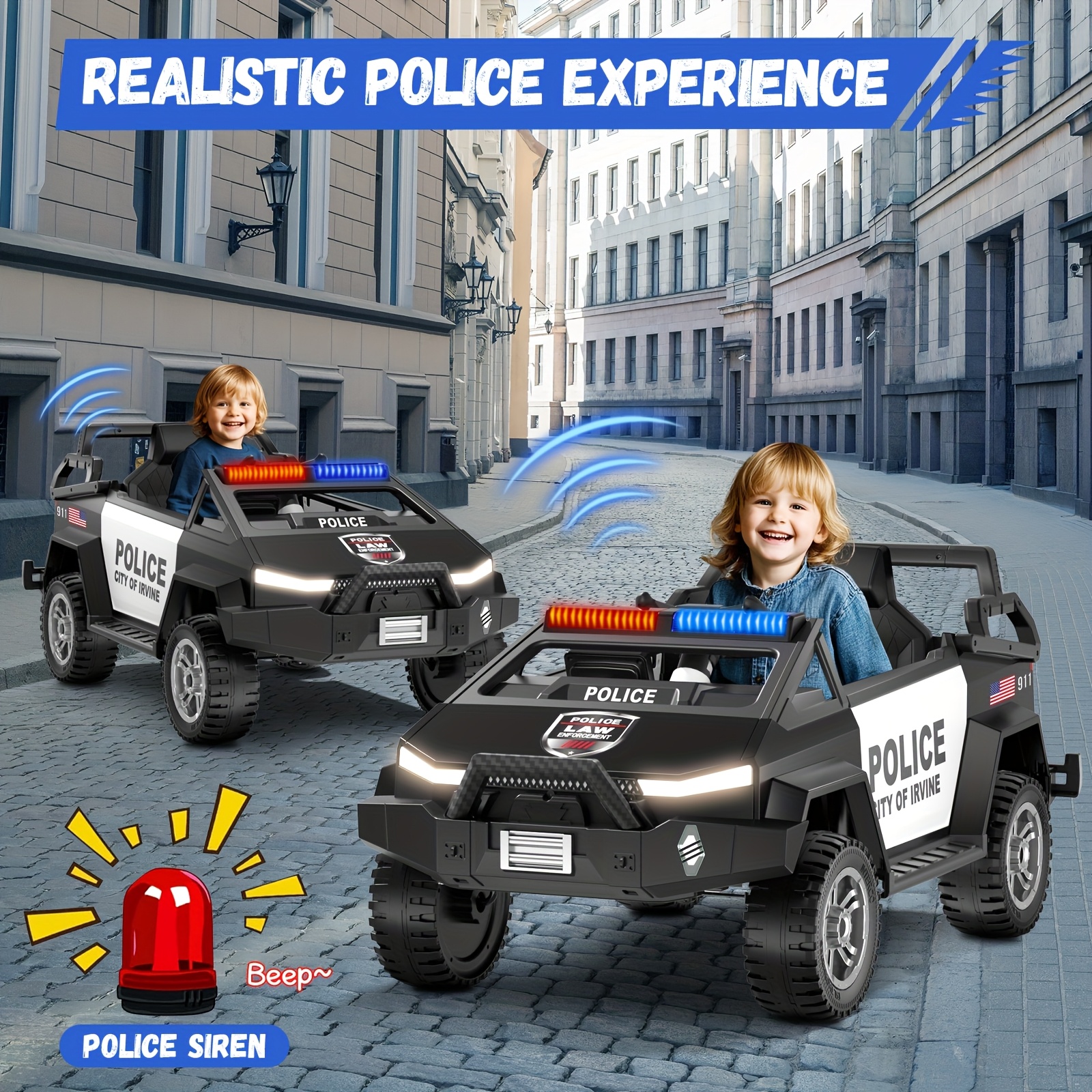 24V Youngsters' Remote-Controlled Police Car with Remote Control, Alarm, Flashing, Music, Spring Suspension, Suitable for 3-8-year-old Girls and Boys' Birthdays or Various Holiday Gifts