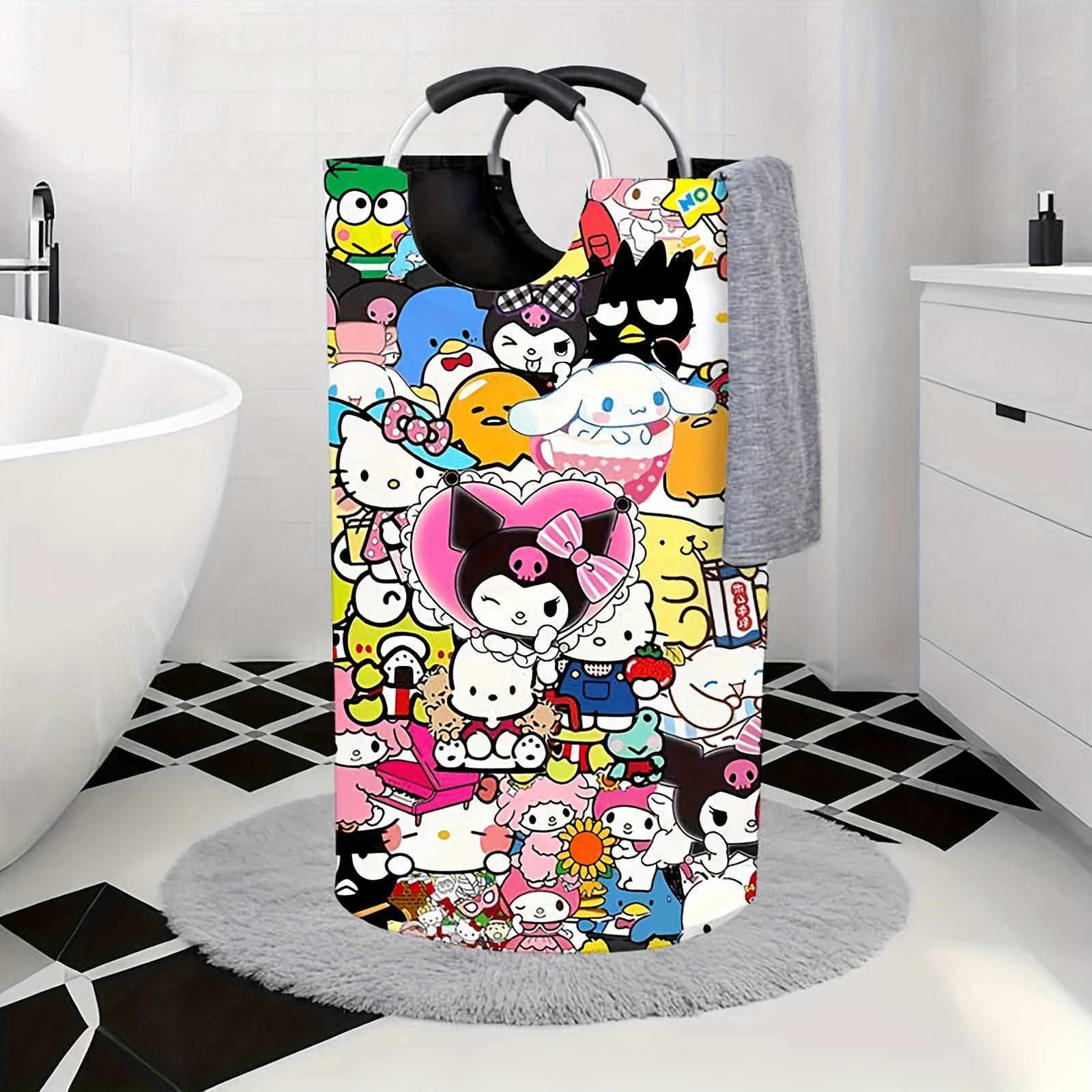 TEMU Hello Kitty & Kuromi Laundry Basket - Oversized Foldable Storage Hamper With Padded Handle, Cute Round Clothes Basket For ' Room,, Dorm - Durable Organizer (gift For Fans), Laundry Baskets