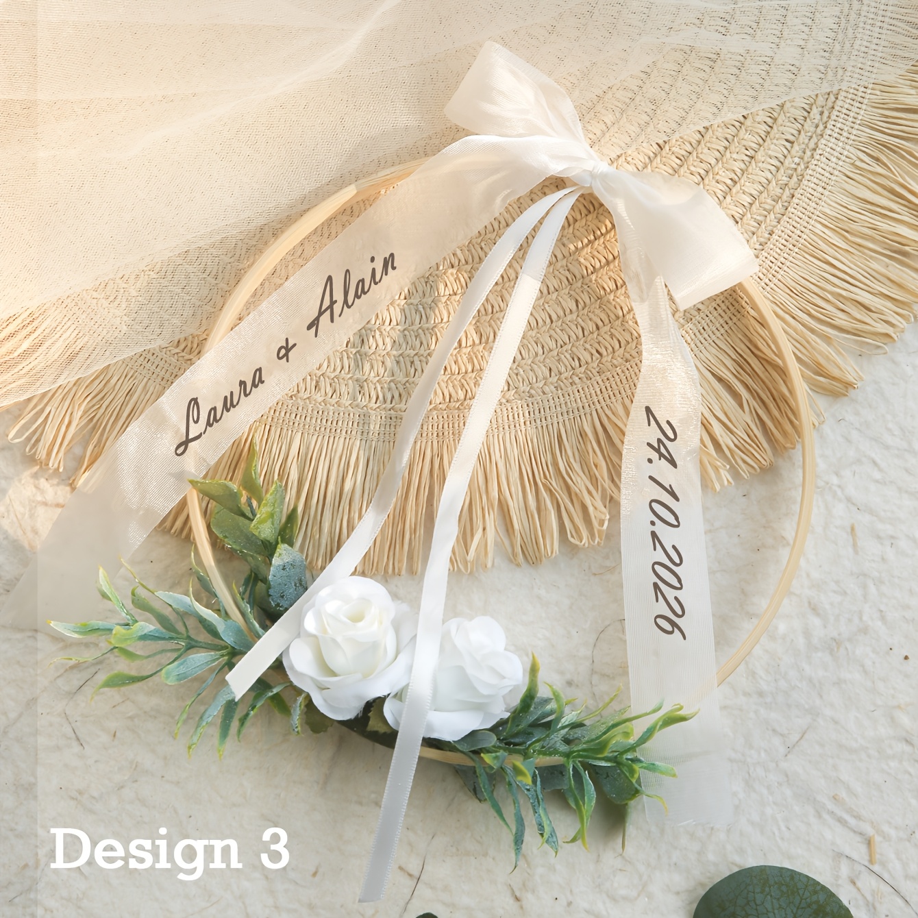 TEMU porte- personnalisé avec nom et date, porte-anneaux floral artificiel pour mariage, porte- de cérémonie personnalisé, support d'anneaux