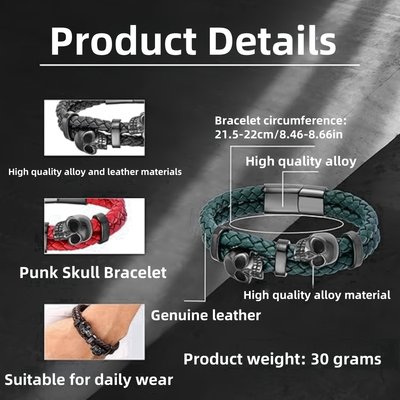 mens skull bracelet alloy cufflinks jewelry in box details 4
