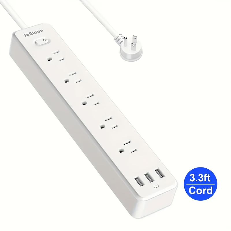 

6ft/3.3ft Protector Jcblaon Plug Extension Outlet-flat Plug Extension Cord With 5 Ac - Outlets&3 Usb , Wall Mount Power Strips For Office/dorm/home, White, 1700 J