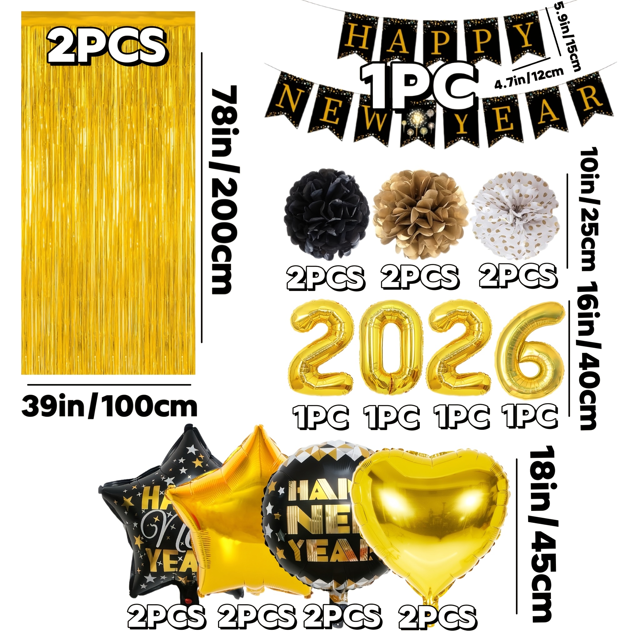 21pcs Of Golden Decorations For Year's Eve Party In 2026, Including A Happy New Year Decoration Kit With Foil Balloons, Paper Pom-poms, Golden Streamers, And A Paper Banner That 'happy New Year'