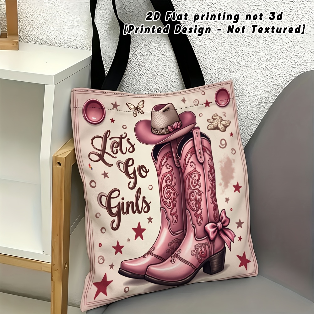 TEMU Women's Pink Cowboy Boots & Hat Print Tote Bag - Sweet Western Style Hemp Shoulder Bag Suitable For Shopping, Travel, Parties, Machine Washable