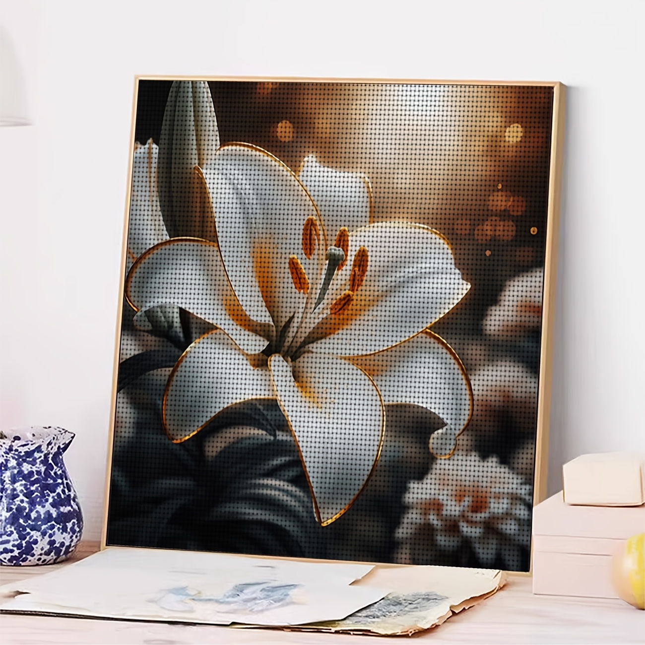 Cross Stitch Printed Kit, Frameless, White Lily Flower with Golden Stamen Design