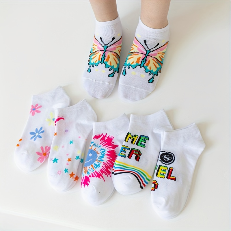 

6 Pairs Butterfly & Rainbow Floral Socks, Stylish College Style Low Cut Ankle Socks, Women's Stockings & Hosiery