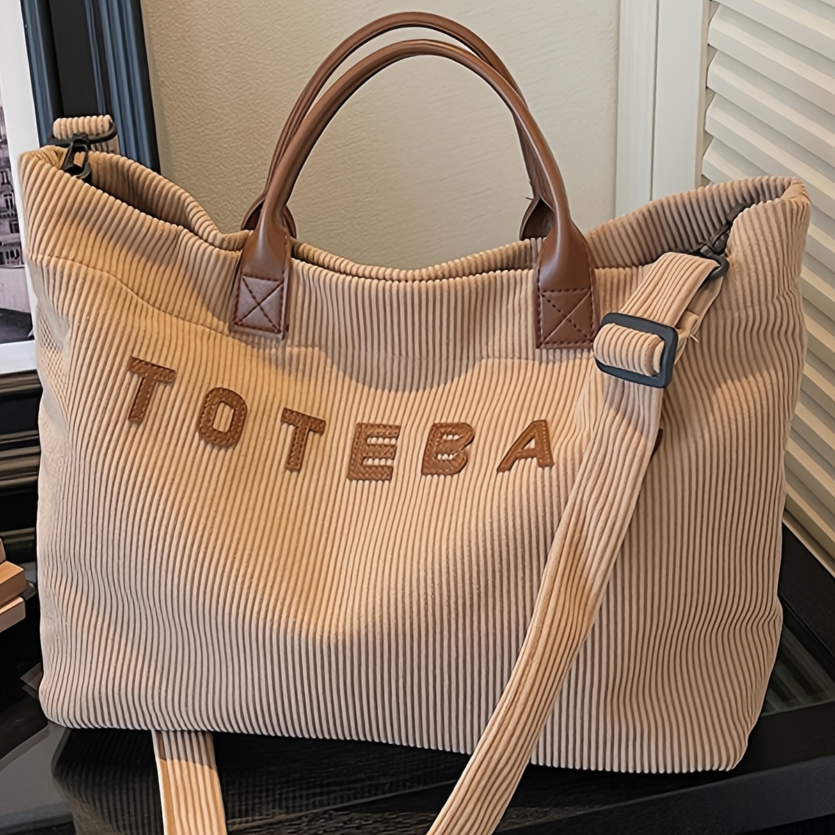 TEMU New Corduroy Women's Casual Tote Bag, Large Capacity Letter Patch Women's Shoulder Bag, Detachable And Adjustable Crossbody Strap, Daily