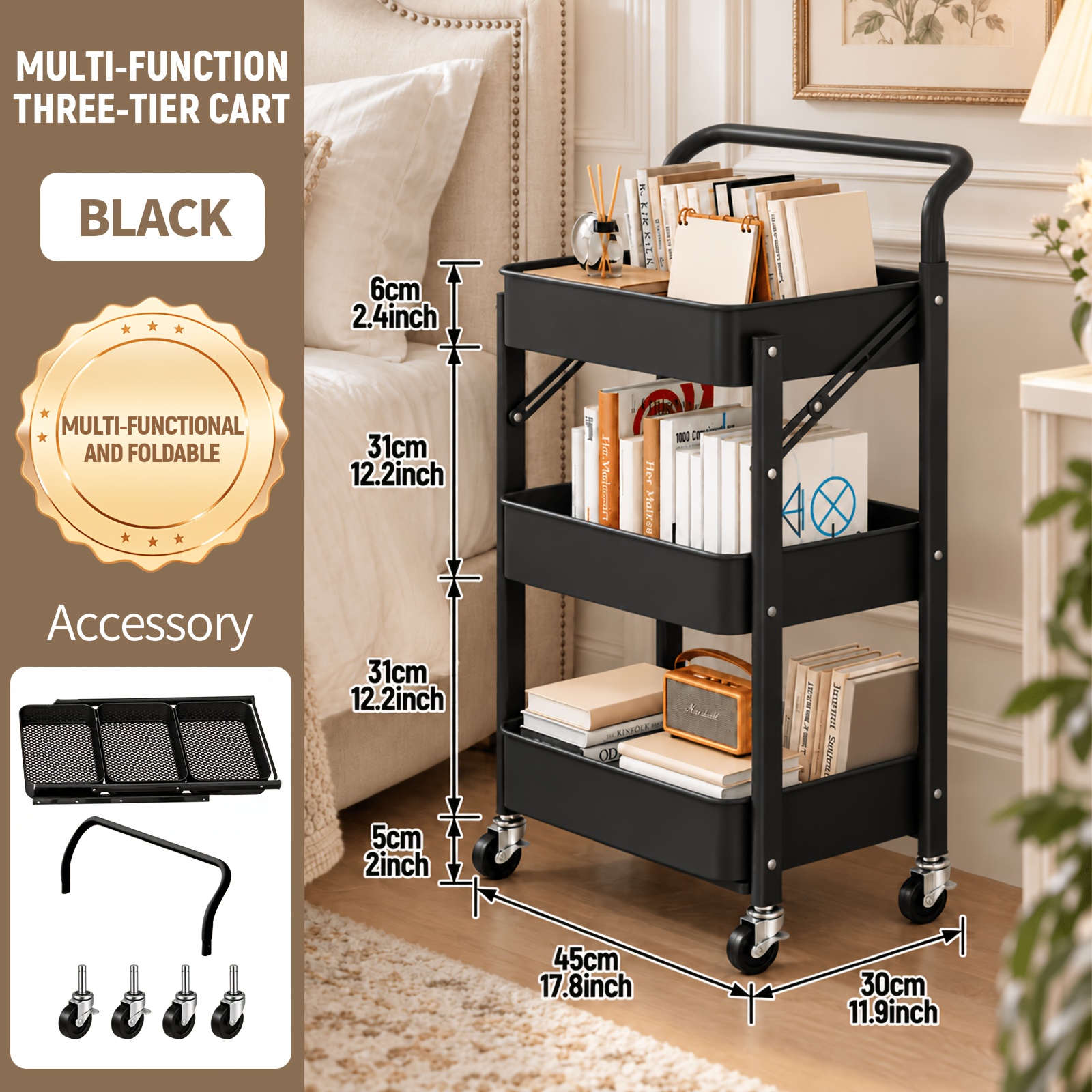 TEMU 3-tier Foldable Rolling Cart With Handle And Wheels Kitchen Trolley, Made Of Stainless Steel, Sturdy And Durable, For Storing Kitchen Shelves,