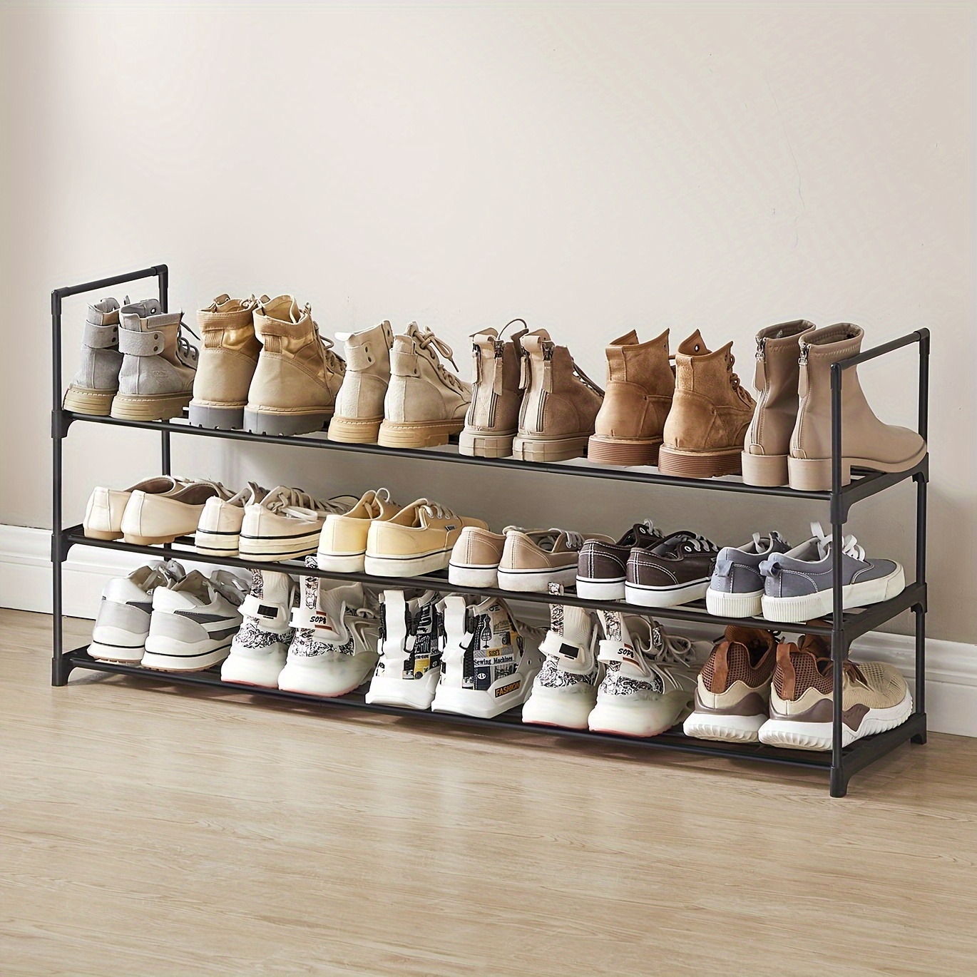 TEMU Étagère à chaussures, facile à assembler, organisateur de chaussures à 3 niveaux, étagère de rangement de chaussures en métal pour 18 paires de