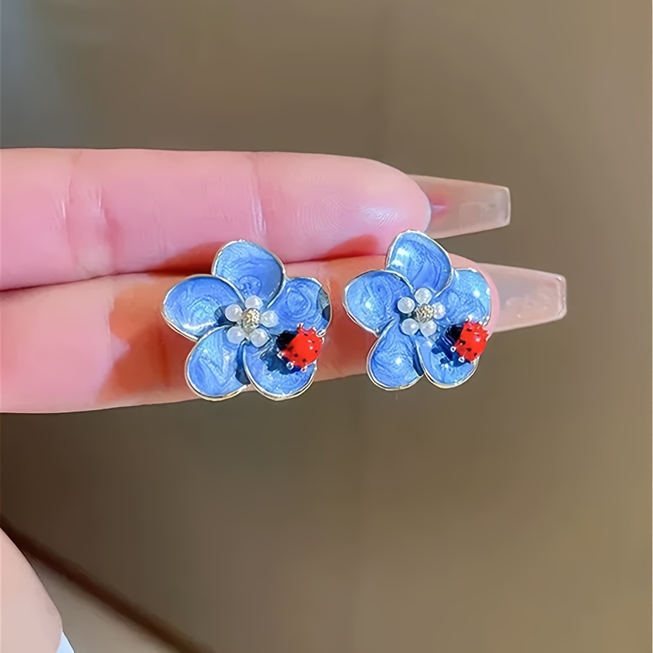 

Creative Blue Flower With Insect Design Stud Earrings Alloy Jewelry Vintage Bohemian Style Trendy Female Summer Vacation Earrings