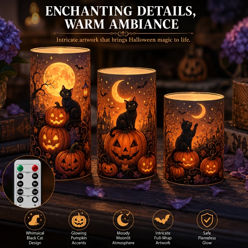 TEMU 3pcs Of Halloween Black Cat Pumpkin Castle, Led Flameless Candles, Simulated Flickering Candle Lights With Timing Function, Suitable For Autumn