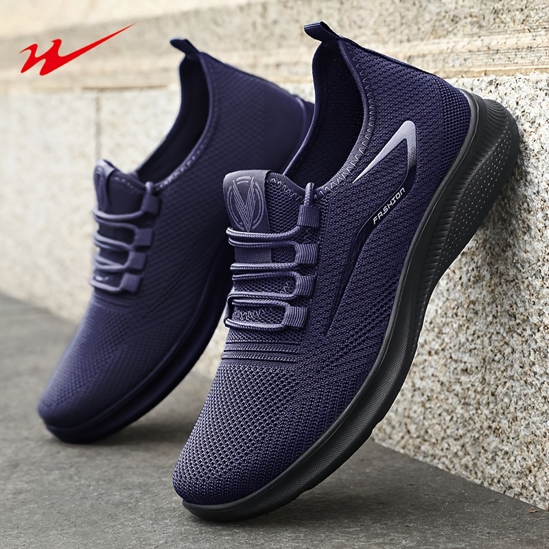 TEMU 2026 Men's Breathable Knit Casual Sneakers, Lace-up Low- Toe Soft Pu Sole Solid Color Walking Shoes For Daily