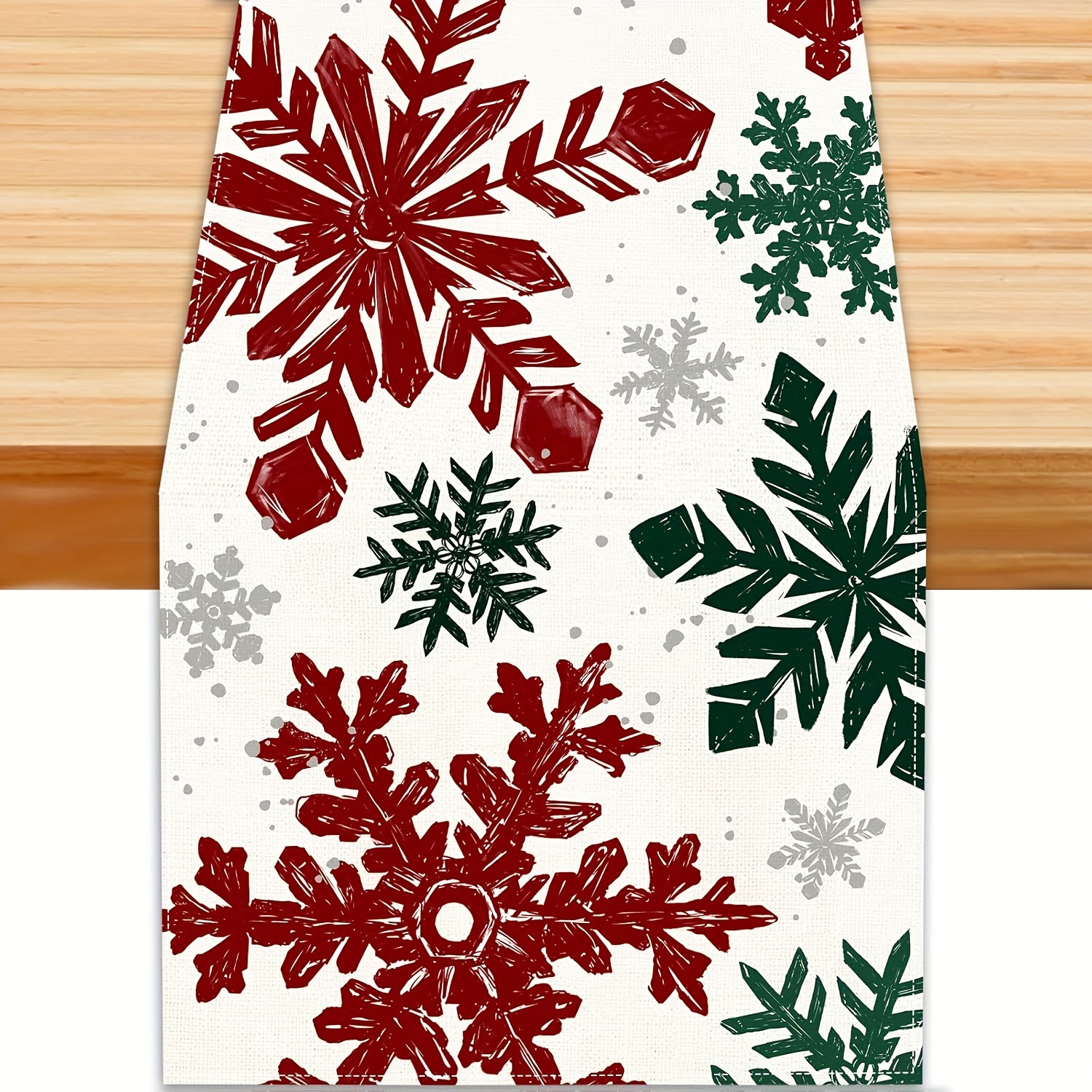 

Merry Christmas Linen Table Runner - Red, Green & Silvery Snowflakes | Festive Holiday Decor For Dining & Kitchen | Farmhouse Style Indoor Party Accessory | In 13x48", 13x72", 13x108" Sizes