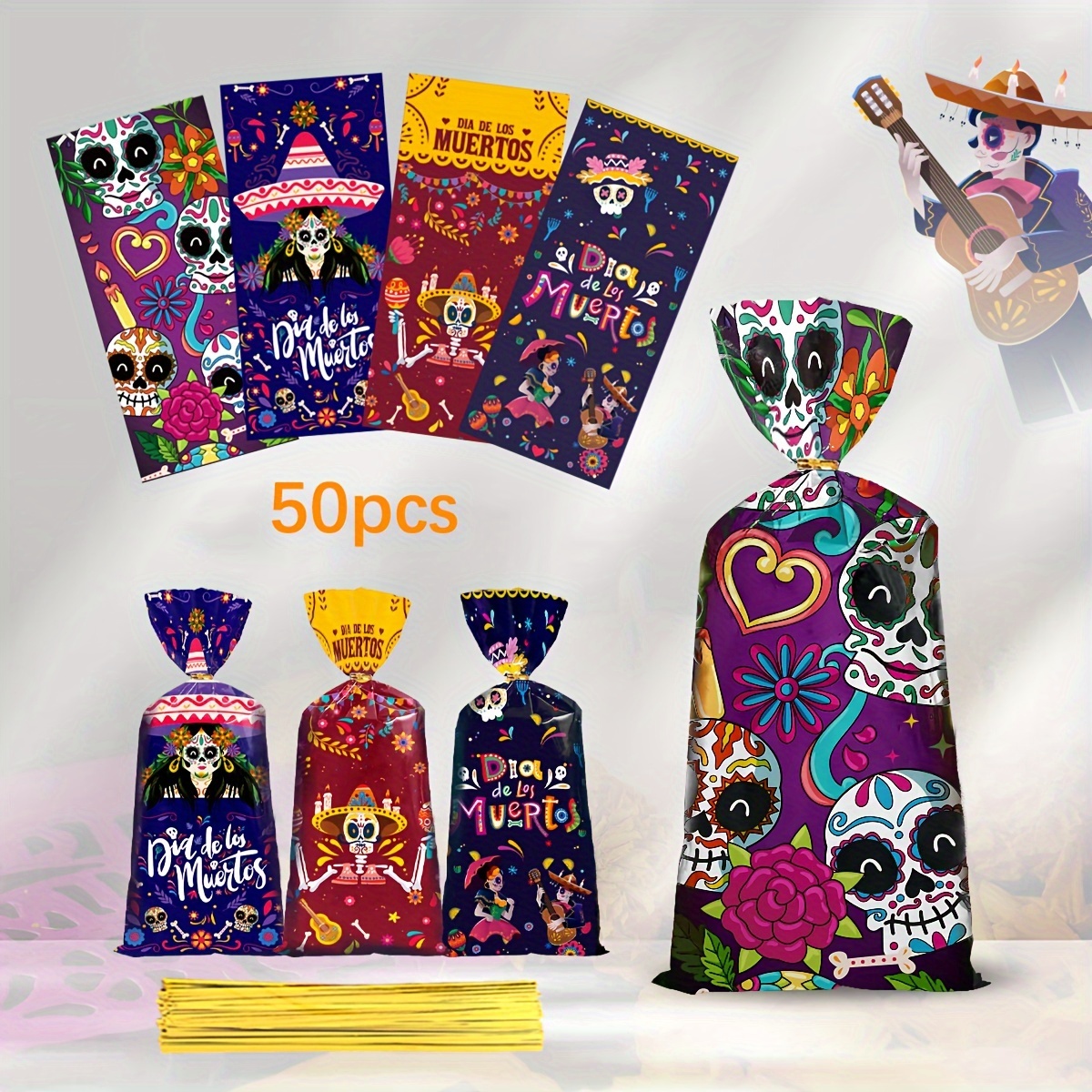 

50 Pcs Festive Day Of The Dead -design Candy Bags - Perfect For Halloween Or Dia De Los Muertos Parties - Cartoon , Plastic Material, No Components Included