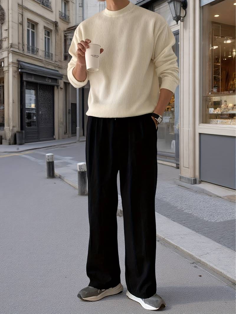 Pull Homme Col Rond Tricoté - Matière Douce, Coupe Loose, Motif Torsadé, Style Rétro Pour L'hiver