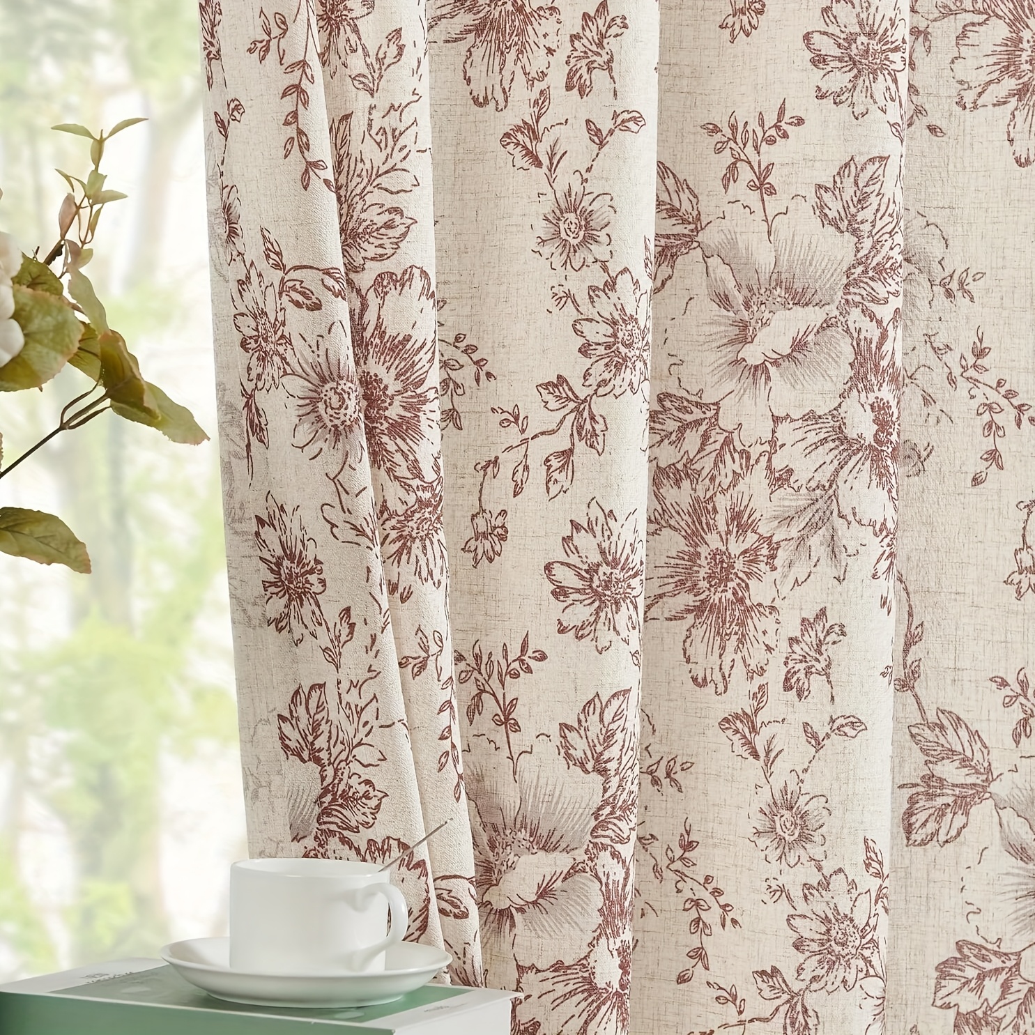 1pc Rod Pocket Vintage Ink Painting Plant And Flower Pattern Curtain