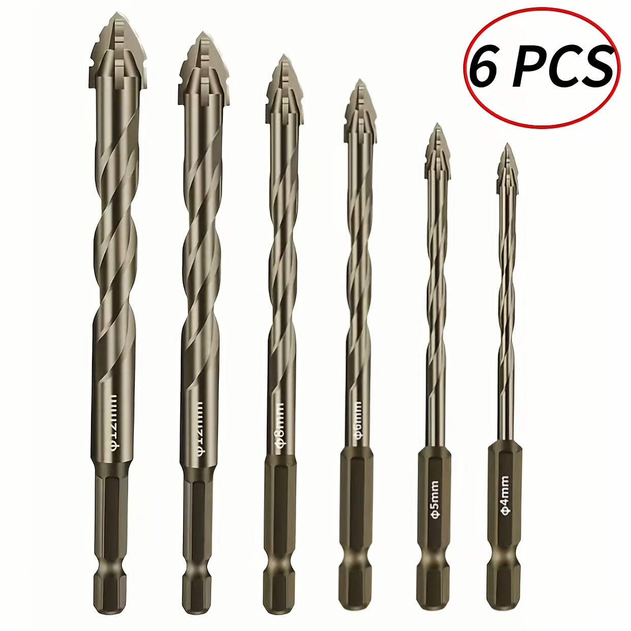 

6pcs Titanium Coated Carbide Drill Bits Set, Alloy Steel, Design, For Ceramic, Glass, Marble, Concrete - Tapered Shape