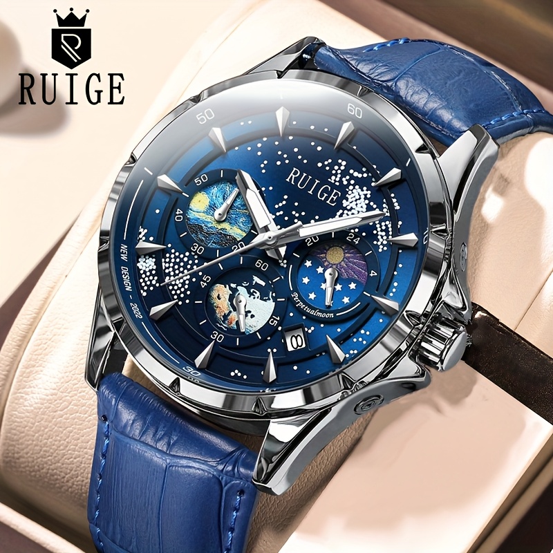 TEMU Ruige Men's Quartz Watch Luxury Multifunctional Display Sun, Moon And Stars With Date, Casual Watch Clock