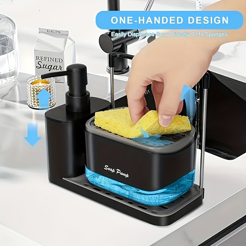 1pc high quality black multi functional kitchen sink organizer set dual soap dispenser with sponge holder 4 in 1 dishwashing soap dispenser   no electricity needed kitchen sink countertop bathroom use   dishwashing sponge and dish cloth holder dishwashing essentials modern kitchen accessory durable plastic material dishwasher holder 0