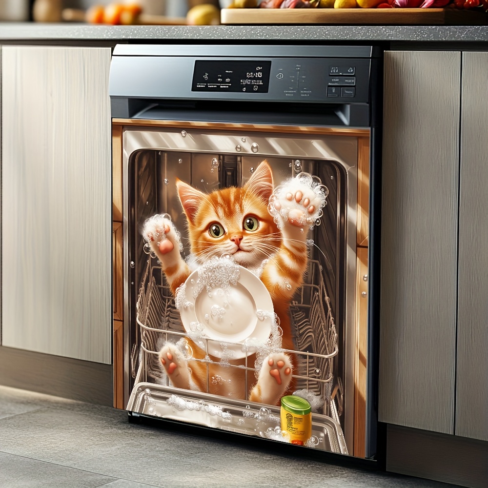 1pc cute cat dishwasher door cover sticker adorable orange   design easy to clean fits most   machine covers whimsical home decor for refrigerator dryer walls cat accessories