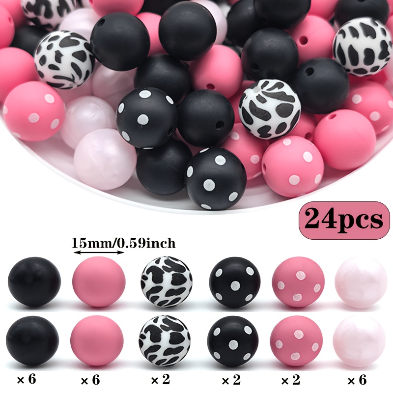 TEMU Perles en silicone , avec à imprimé léopard et à pois, perles libres rondes noires et roses, adaptées pour la fabrication de bijoux artisanaux