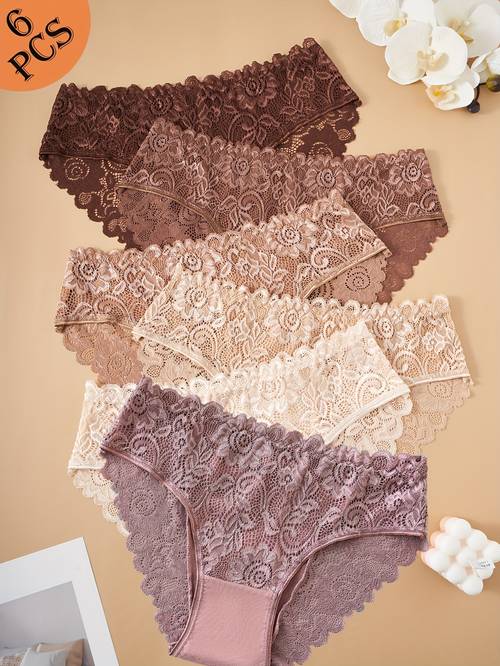 6pcs ladies underwear with lace flower pattern contrast lace details solid colors