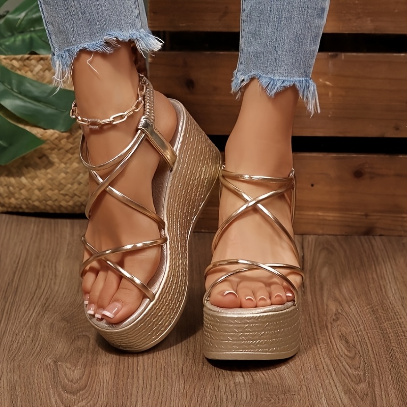 TEMU Sandalias de mujer nuevas de calidad con plataforma, tejidas de paja, tacón ultraalto y , con correas elásticas y de cuña gruesa, calzado de