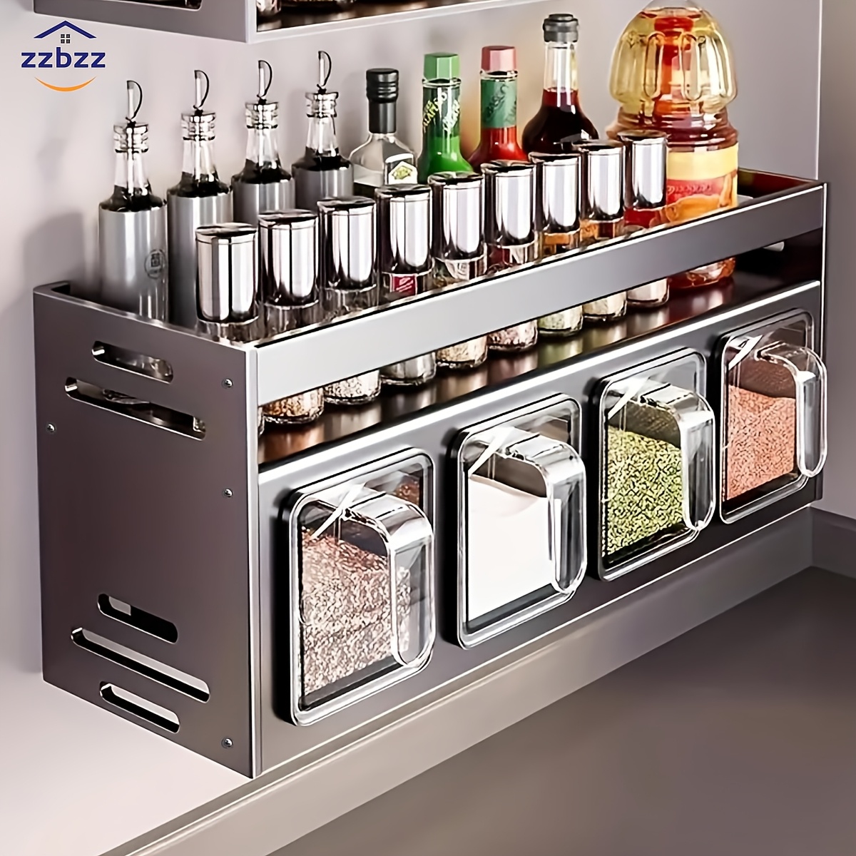 

Zzbzz 1pc Wall-mounted Spice Organizer Set - No-drill, Multi-functional Kitchen Storage Rack With Seasoning Containers & Jars, Polished Aluminum